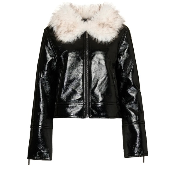 Shiny Black Patent Jacket with White Faux-Fur Collar Cropped Bomber Style - Picture 2 of 3